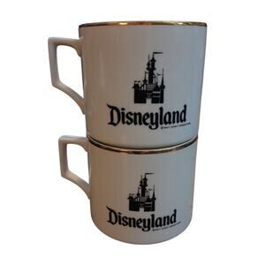 Vtg Classic Disney Disneyland Coffee Tea Mugs Gold Trim Black & White Ceramic‎